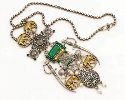 Tribal-Oxidized-Dual-Tone-Elephant-and-Sword-Long-Pendant-2