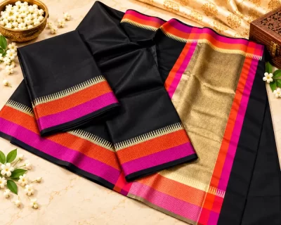 Black-Silk-Saree-with-Gold-Zari-and-Jasmine