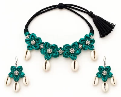 Teal-Flower-Choker-and-Cowrie-Shell-Earrings